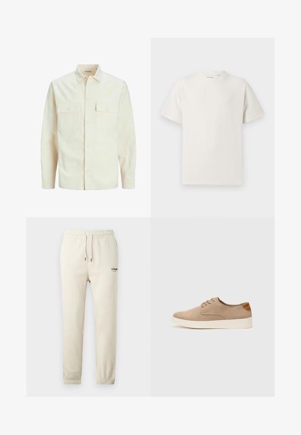 Világos bézs színű, hosszú ujjú ing, galléros nyakkal, két elülső zsebbel, gombos záródással és struktúrált anyaggal.; Fehér, rövid ujjú póló bordázott textúrával. Kerek nyakkivágás, laza szabás, nincs látható minta vagy díszítés. Egyszerű és sokoldalú dizájn.; Beige szabadidőnadrág, elasztikus derékkal és szárakkal, a bal felső lábszáron egy kis fekete logóval.; Beige velúr sportcipő, kerek orral, fűzős elülső résszel és textúrált hátsó részlettel. Fehér gumitalp kontrasztot ad. Egyszerű és modern design.