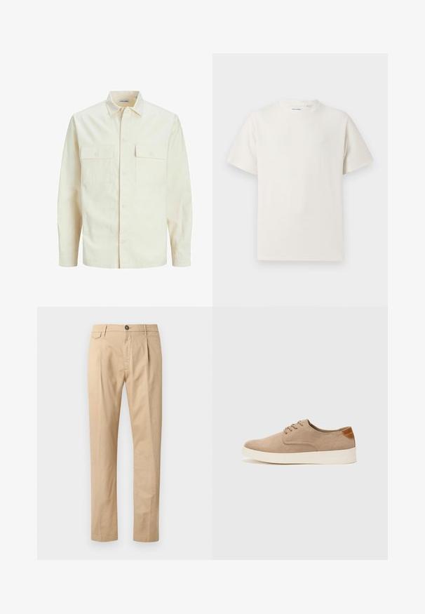 Lichtbeige langemouwen shirt met een kraaghalslijn, twee voorzakken, knoopsluiting en een gestructureerde stof.; Witte korte mouwen T-shirt met ribbelstructuur. Ronde hals, ontspannen pasvorm, geen zichtbare patronen of accenten. Eenvoudig en veelzijdig ontwerp.; Beige katoenen herenrechtpijpspantalon met voorzakken, riemlussen, knoopsluiting en ritssluiting op een witte achtergrond.; Beige suède sneakers met een ronde neus, vetersluiting aan de voorkant en een getextureerde achteraccent. De witte rubberen zool zorgt voor contrast. Eenvoudig en modern ontwerp.