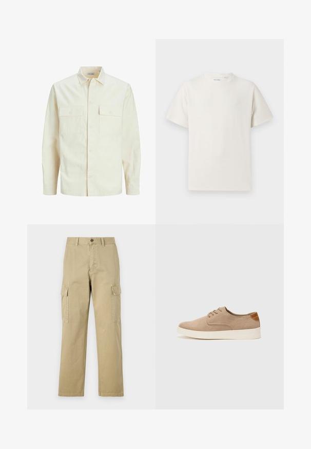 Svetlo bež srajca z dolgimi rokavi, ovratnim izrezom, dvema sprednjima žepoma, zapenjanjem na gumbe in teksturirano tkanino.; Bela majica s kratkimi rokavi iz rebraste tkanine. Okrogli izrez, sproščen kroj, brez vidnih vzorcev ali naglasov. Preprosta in vsestranska zasnova.; Bež hlače s cargo krojem iz bombaža, z dvema stranskima žeparm, gumbom za zapiranje in ravnimi nogavicami iz rahlo teksturirane tkanine.; Bež tkanine usnjene superge z zaobljenim nosom, vezalkami na sprednji strani in teksturiranim zadnjim detajlom. Belo gumijasto podplato zagotavlja kontrast. Enostaven in sodoben dizajn.