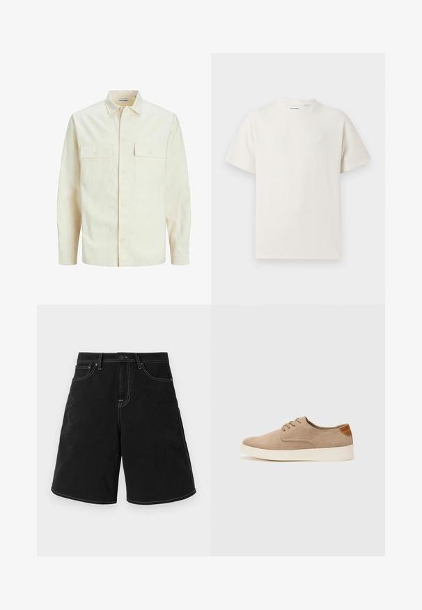 Svijetlo bež košulja dugih rukava s ovratnikom, dva prednja džepa, zatvaranje na dugmad i teksturirani materijal.; Bijela kratka majica s kratkim rukavima u rebrastoj teksturi. Okrugli izrez, ležeran kroj, bez vidljivih uzoraka ili akcenta. Jednostavan i svestran dizajn.; Crne traper kratke hlače ravnog kroja, s kontrastnim bijelim šavovima, prednjim džepovima i strukom na dugme. Glatka tekstura.; Bež nubuk tenisice s okruglim vrhom, vezanjem sprijeda i teksturiranim stražnjim naglaskom. Bijela gumena potpetica pruža kontrast. Jednostavan i moderan dizajn.