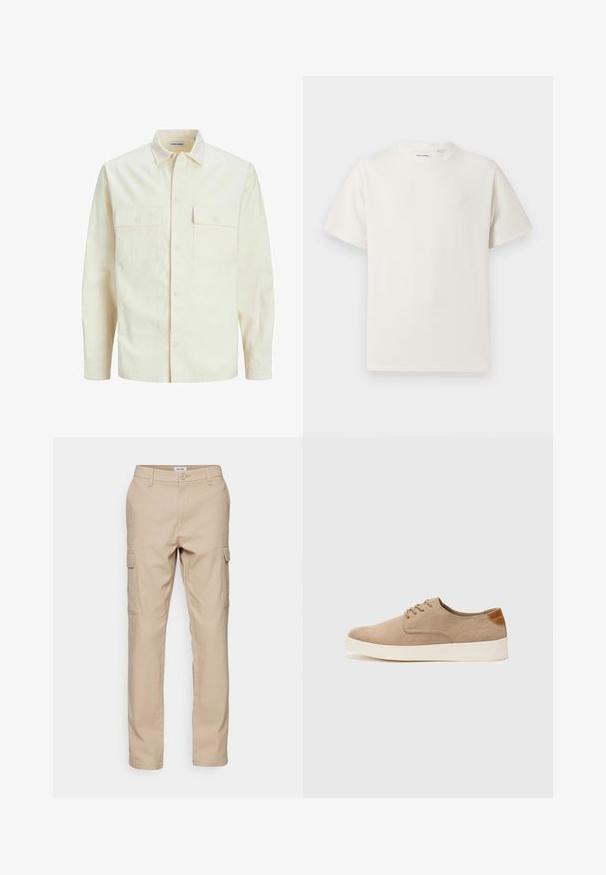 Svetlo bež srajca z dolgimi rokavi, ovratnim izrezom, dvema sprednjima žepoma, zapenjanjem na gumbe in teksturirano tkanino.; Bela majica s kratkimi rokavi iz rebraste tkanine. Okrogli izrez, sproščen kroj, brez vidnih vzorcev ali naglasov. Preprosta in vsestranska zasnova.; Bež hlače s cargo krojem, izdelane iz trpežnega blaga, z več stranskimi žepi, klasičnim krojem in ravnimi nogami s preprostimi šivi.; Bež tkanine usnjene superge z zaobljenim nosom, vezalkami na sprednji strani in teksturiranim zadnjim detajlom. Belo gumijasto podplato zagotavlja kontrast. Enostaven in sodoben dizajn.