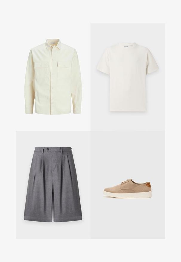 Gai bēšs garām piedurknēm krekls ar apkakles izgriezumu, divām priekšējām kabatām, pogu aizdari un teksturētu audumu.; Balta krūštura īsām piedurknēm ar ribota auduma faktūru. Apaļš kakla izgriezums, brīvs griezums, bez redzamām rakstām vai akcentiem. Vienkāršs un daudzpusīgs dizains.; Pelēki pielāgoti šorti, izgatavoti no gludas auduma, ar krokām, pogu aizdari un asu jostu, nodrošinot strukturētu piegulšanu.; Beige zamšādas kedas ar noapaļotu purngala daļu, auklēm saplacinātu priekšpusi un teksturētu aizmugures akcentu. Balta gumijas zole nodrošina kontrastu. Vienkāršs un mūsdienīgs dizains.