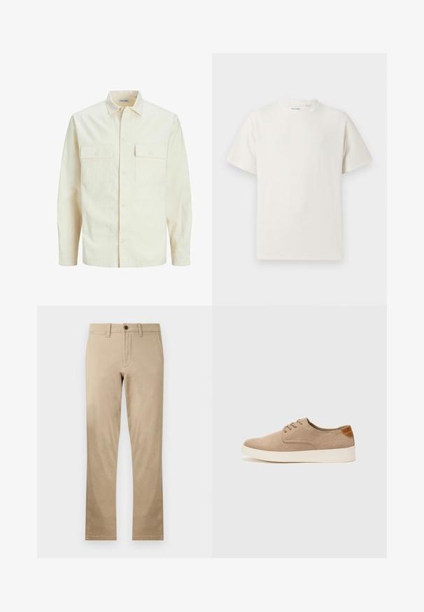 Camisa de manga larga color beige claro con cuello, dos bolsillos frontales, cierre de botones y una tela texturizada.; Camiseta blanca de manga corta en textura acanalada. Cuello redondo, corte relajado, sin patrones ni acentos visibles. Diseño simple y versátil.; Chinos de algodón en color beige con un diseño de pierna recta, que presentan un solo botón marrón en la cintura y bolsillos frontales y traseros estándar.; Zapatillas de ante beige con puntera redondeada, cordones en la parte delantera y un acento texturizado en la parte trasera. La suela de goma blanca proporciona contraste. Diseño sencillo y moderno.