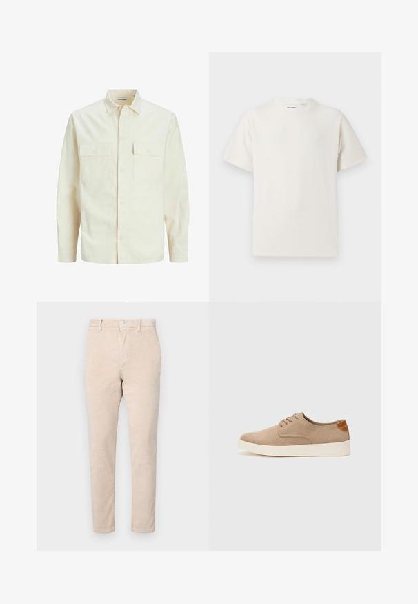 Šviesiai smėlio spalvos ilgomis rankovėmis marškiniai su apykakle, dviem priekinėmis kišenėmis, mygtukų uždarymu ir tekstūruota medžiaga.; Balta trumpa rankovė T-polo marškinėlių su juostelėmis tekstūra. Apvalus iškirpimas, laisvas fasonas, jokių matomų raštų ar akcentų. Paprastas ir universalus dizainas.; Bežinės širdelės kelnės su tiesiu kojų dizainu, pasižyminčios mygtuko uždarymu, diržo kilpomis ir subtiliu grioveliniu tekstūru.; Bežiniai zomšiniai sportbačiai su apvaliomis pirštų dalimis, raišteliais priekyje ir tekstūruotu užkulniu. Balta guma suteikia kontrastą. Paprastas ir modernus dizainas.