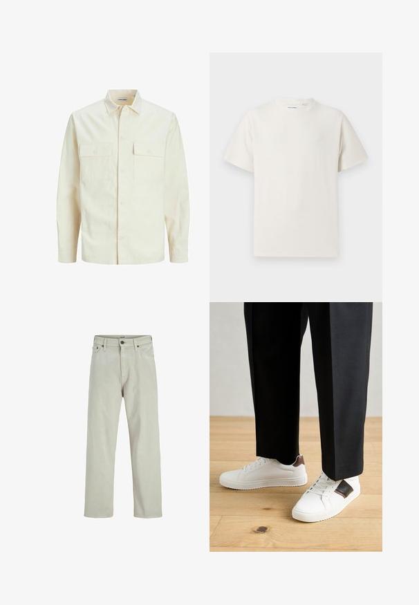 Világos bézs színű, hosszú ujjú ing, galléros nyakkal, két elülső zsebbel, gombos záródással és struktúrált anyaggal.; Fehér, rövid ujjú póló bordázott textúrával. Kerek nyakkivágás, laza szabás, nincs látható minta vagy díszítés. Egyszerű és sokoldalú dizájn.; Világos bézs farmernadrág, egyenes lábbal, öt zsebes stílus, gombos derékkal, minimális varrási részletekkel.; Fehér sneaker, sima textúrával, barna bőr díszítéssel és fekete részletekkel, fekete szabott nadrággal párosítva. Fából készült padló háttér.