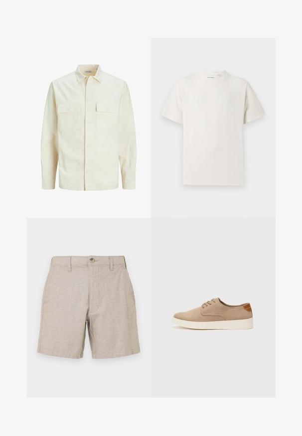 Svetlo béžová košeľa s dlhým rukávom, s golierom, dvoma prednými vreckami, zapínaním na gombíky a textúrovanou látkou.; Biela krátka tričko s krátkym rukávom so žebrovanou textúrou. Okrúhly výstrih, uvoľnený strih, žiadne viditeľné vzory ani akcenty. Jednoduchý a všestranný dizajn.; Béžové ľanové šortky s plochým predným dielom, dvoma bočnými vreckami a jedným gombíkom na uzatváranie. Tkanina má jemnú textúru a je ľahká.; Béžové semišové tenisky s okrúhlou špičkou, šnurovaním vpredu a textúrovaným zadným akcentom. Biela gumová podrážka poskytuje kontrast. Jednoduchý a moderný dizajn.