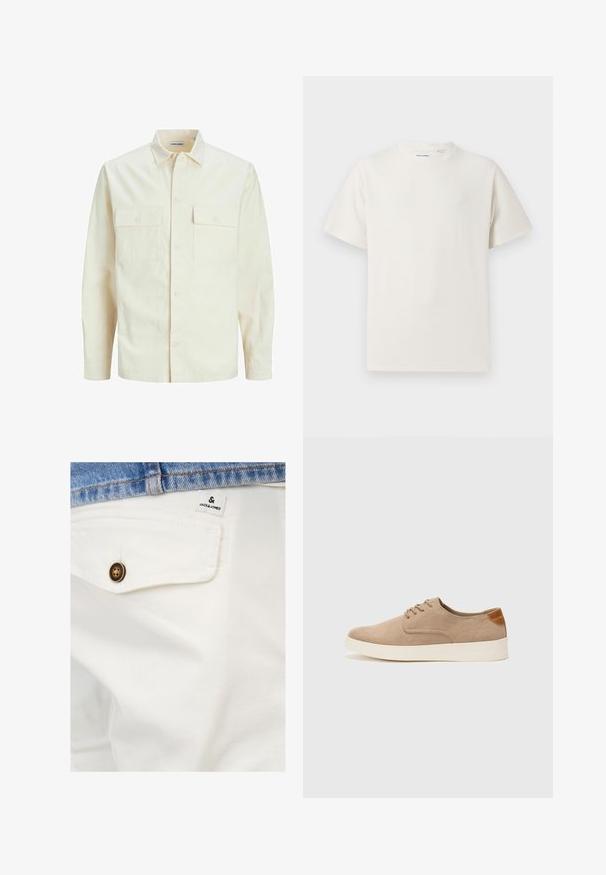 Lichtbeige langemouwen shirt met een kraaghalslijn, twee voorzakken, knoopsluiting en een gestructureerde stof.; Witte korte mouwen T-shirt met ribbelstructuur. Ronde hals, ontspannen pasvorm, geen zichtbare patronen of accenten. Eenvoudig en veelzijdig ontwerp.; Witte katoenen shorts met een voorzak, voorzien van een bruine knop en een klein JACK & JONES-label dicht bij de tailleband.; Beige suède sneakers met een ronde neus, vetersluiting aan de voorkant en een getextureerde achteraccent. De witte rubberen zool zorgt voor contrast. Eenvoudig en modern ontwerp.
