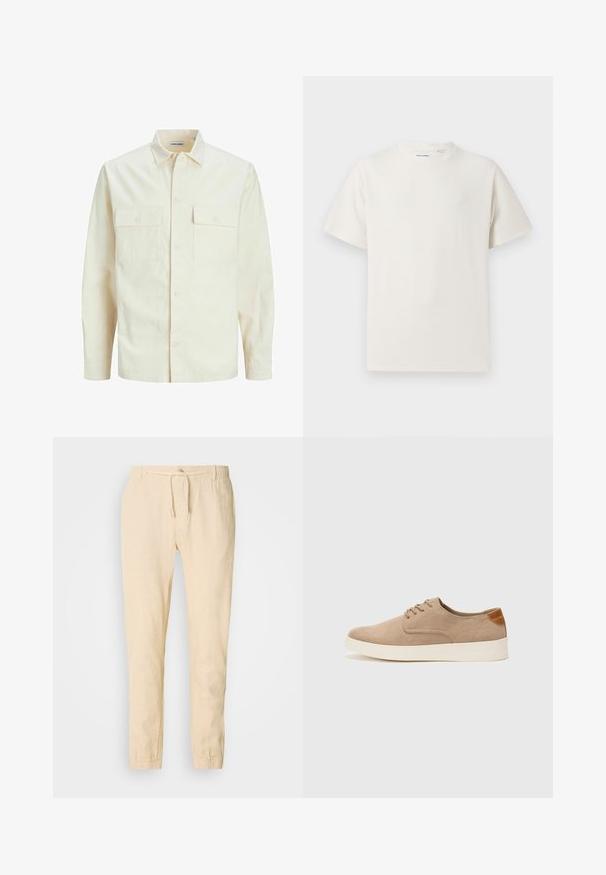 Kergedbež pika-särk pikkade varrukatega, krae ja kahe eespool asuva taskuga, nööpidega kinnitamine ja reljeefne materjal.; Valge lühikeste varrukatega T-särk ribakudumises. Ümar kaelus, mugav lõige, nähtavad mustrid ega aksessuaarid puuduvad. Lihtne ja mitmekesine disain.; Heledbeez linased püksid, millel on nööriga vöökoht, kitsenevad sääred ja elastsed mansetid. Lihtne disain koos peene tekstuuriga.; Beežid nahast tossud ümarate varvastega, paeltega esiosa ja tekstuuriga tagakontuuriga. Valge kummist tallapakkumine loob kontrasti. Lihtne ja kaasaegne disain.