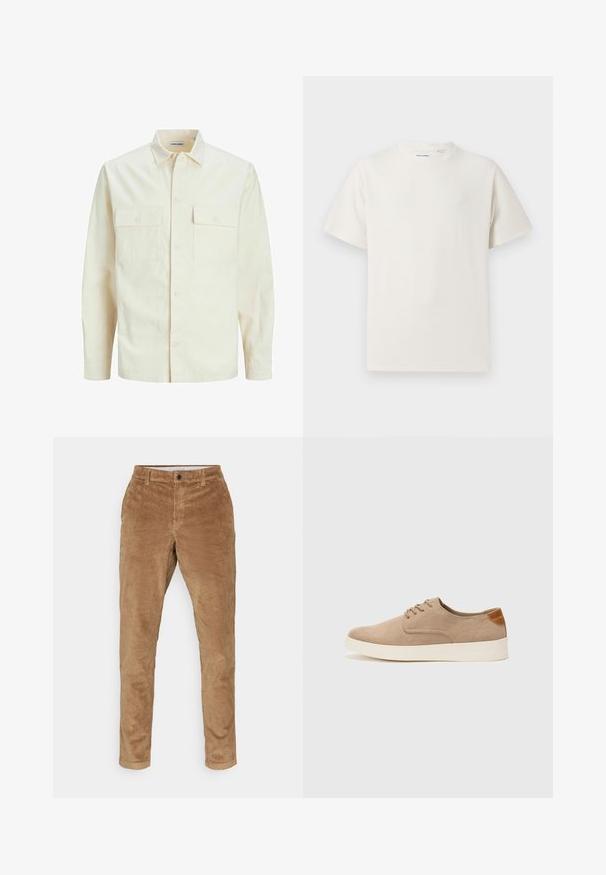 Chemise longue à manches longues beige clair avec un col, deux poches frontales, fermeture à boutons et un tissu texturé.; T-shirt blanc à manches courtes en texture côtelée. Encolure ronde, coupe décontractée, sans motifs ni accents visibles. Design simple et polyvalent.; Jack & Jones JPSTMARCO - Chino - elmwood; Baskets en daim beige avec un embout arrondi, un laçage sur le devant et un accent texturé à l'arrière. La semelle en caoutchouc blanche offre un contraste. Design simple et moderne.