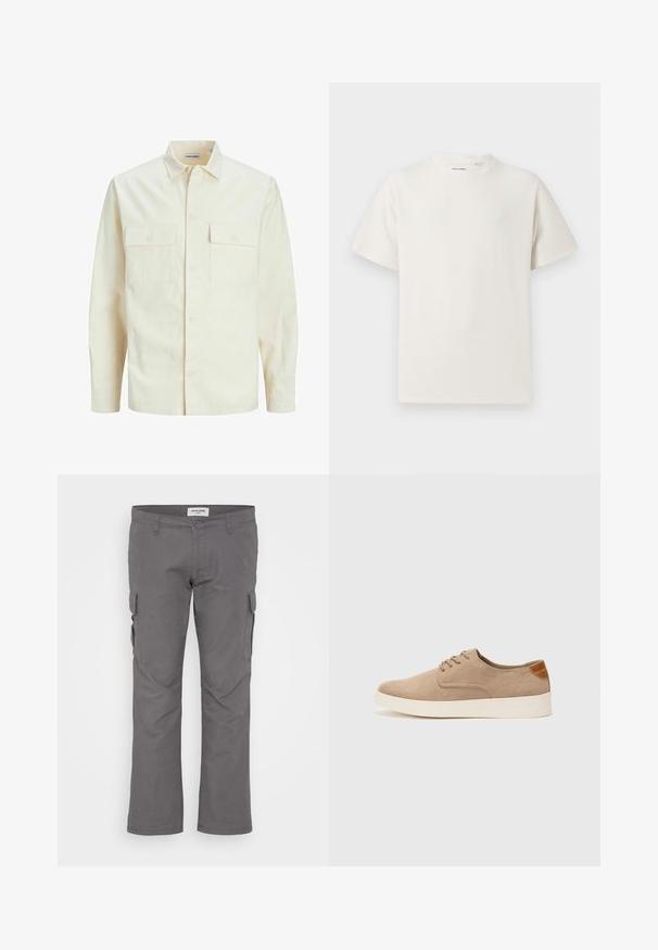 Kergedbež pika-särk pikkade varrukatega, krae ja kahe eespool asuva taskuga, nööpidega kinnitamine ja reljeefne materjal.; Valge lühikeste varrukatega T-särk ribakudumises. Ümar kaelus, mugav lõige, nähtavad mustrid ega aksessuaarid puuduvad. Lihtne ja mitmekesine disain.; Hallid kastanahalised püksid otse lõikega, valmistatud puuvilla segust. Omavad mitmeid külgtaskuid ja standardse suurusega vööd. Sile tekstuur.; Beežid nahast tossud ümarate varvastega, paeltega esiosa ja tekstuuriga tagakontuuriga. Valge kummist tallapakkumine loob kontrasti. Lihtne ja kaasaegne disain.