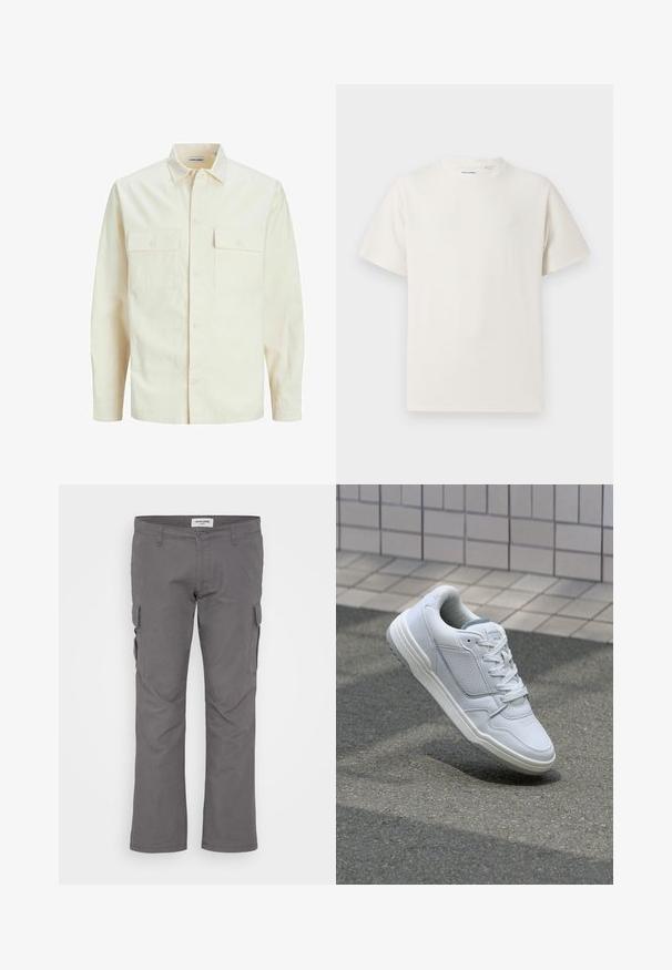 Hellbeige Langarmhemd mit klassischem Kragen, zwei Fronttaschen, Knopfverschluss und strukturiertem Stoff.; Weißes T-Shirt mit kurzen Ärmeln in gerippter Textur. Runder Ausschnitt, lockere Passform, keine sichtbaren Muster oder Akzente. Einfaches und vielseitiges Design.; Graue Cargo-Hosen mit geradem Schnitt, aus einer Baumwollmischung gefertigt. Verfügt über mehrere Seitentaschen und eine Standardtaille. Glatte Textur.; Weiße Ledersneaker mit perforierten Seiten, strukturierten Akzenten, flachen Schnürsenkeln und einer kontrastierenden grauen Ferse. Verfügt über eine leicht erhöhte Sohle.