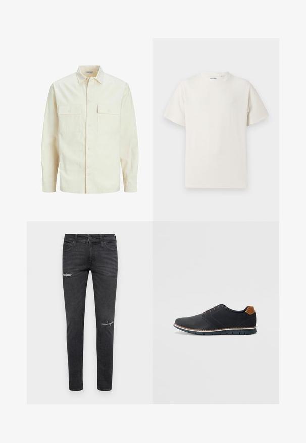 Šviesiai smėlio spalvos ilgomis rankovėmis marškiniai su apykakle, dviem priekinėmis kišenėmis, mygtukų uždarymu ir tekstūruota medžiaga.; Balta trumpa rankovė T-polo marškinėlių su juostelėmis tekstūra. Apvalus iškirpimas, laisvas fasonas, jokių matomų raštų ar akcentų. Paprastas ir universalus dizainas.; Juodi liesi džinsai pagaminti iš denimo, su pažeidimais ant kelių, penkių kišenių dizainu ir klasikiniu mygtuko bei užtrauktuko uždarymu.; Juodi sintetiniai batai su tekstūruotu paviršiumi, lygiomis detalėmis, ruda kulna ir kontrastingu padu. Yra minimalus raištelių užsidėjimas ir siuvimo detalės.