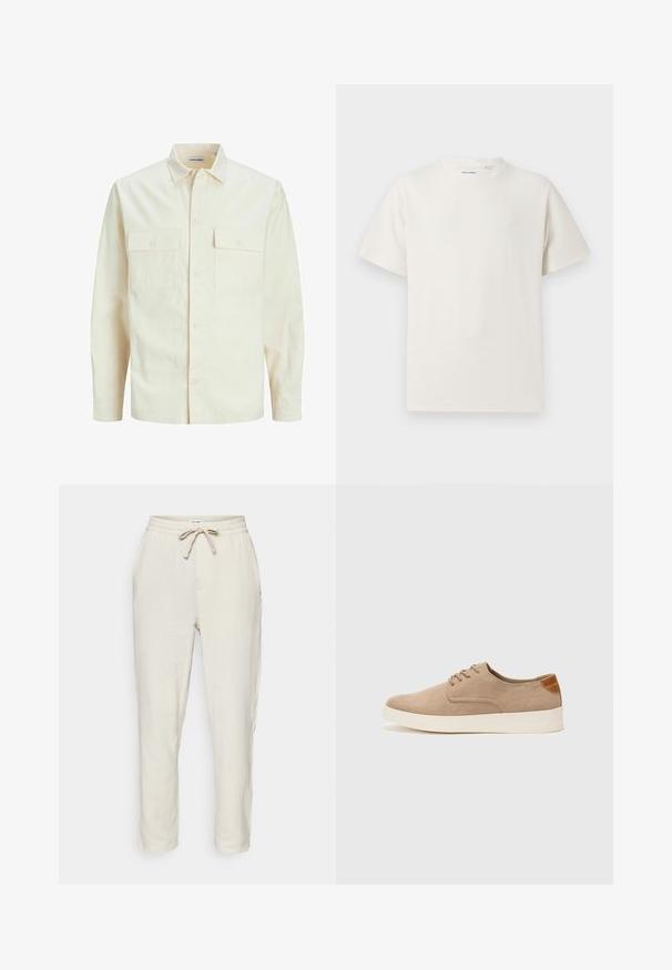 Kergedbež pika-särk pikkade varrukatega, krae ja kahe eespool asuva taskuga, nööpidega kinnitamine ja reljeefne materjal.; Valge lühikeste varrukatega T-särk ribakudumises. Ümar kaelus, mugav lõige, nähtavad mustrid ega aksessuaarid puuduvad. Lihtne ja mitmekesine disain.; Heledad beežid, tekstureeritud puuvillased püksid elastse vöökoha ja paelaga. Omavad küljetaskuid ja kitsenevaid jalgu.; Beežid nahast tossud ümarate varvastega, paeltega esiosa ja tekstuuriga tagakontuuriga. Valge kummist tallapakkumine loob kontrasti. Lihtne ja kaasaegne disain.