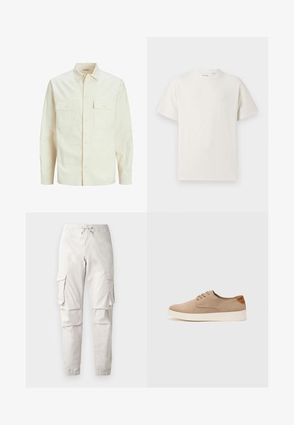 Lys beige langærmet skjorte med krave, to forlommer, knaplukning og et tekstureret stof.; Hvid kortærmet T-shirt i ribbet tekstur. Rund halsudskæring, løs pasform, ingen synlige mønstre eller accenter. Enkel og alsidig design.; Lys beige cargo bukser med elastisk talje, snor, sidelommer og tapered afslutninger. Lavet af et glat, letvægtsstof.; Beige ruskinds sneakers med rund tå, snørebånd foran og en struktureret rygdetalje. Hvid gummisål giver kontrast. Enkel og moderne design.