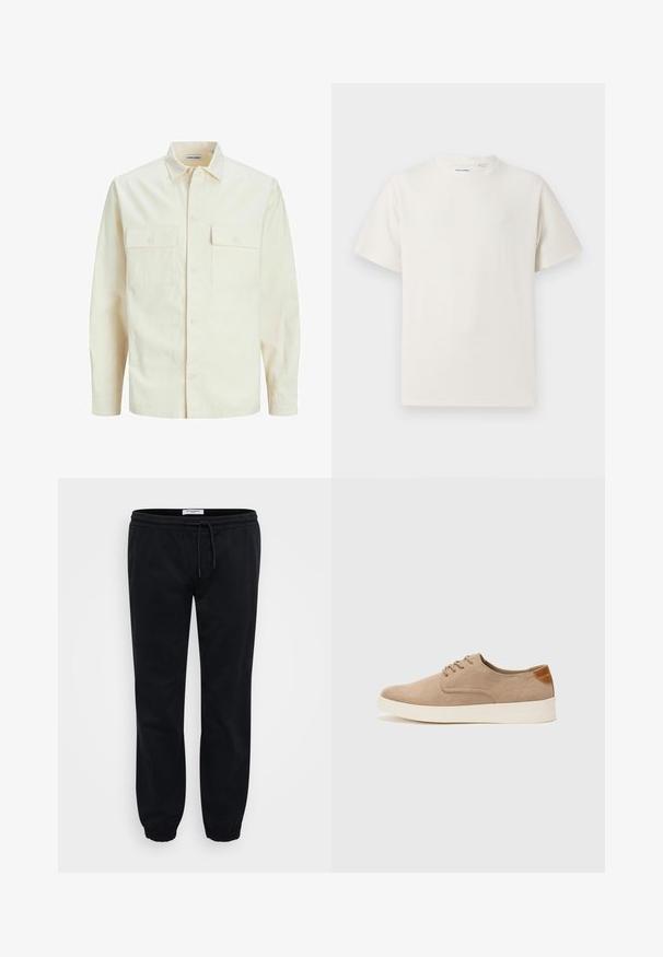 Camisa de manga larga color beige claro con cuello, dos bolsillos frontales, cierre de botones y una tela texturizada.; Camiseta blanca de manga corta en textura acanalada. Cuello redondo, corte relajado, sin patrones ni acentos visibles. Diseño simple y versátil.; Pantalones de chándal negros hechos de algodón suave con una cintura elástica y cordón. Presenta puños elásticos y bolsillos laterales para mayor utilidad.; Zapatillas de ante beige con puntera redondeada, cordones en la parte delantera y un acento texturizado en la parte trasera. La suela de goma blanca proporciona contraste. Diseño sencillo y moderno.