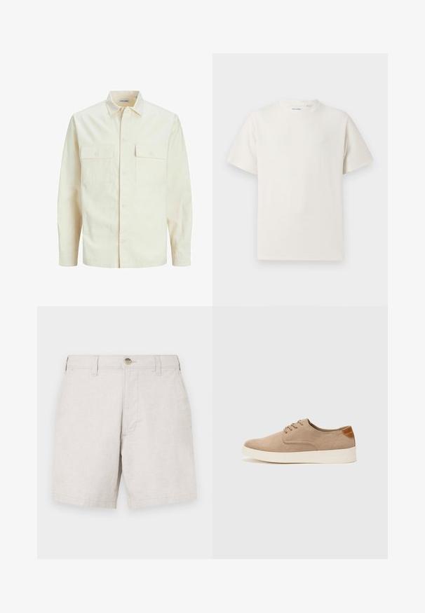 Světle béžová košile s dlouhým rukávem, límečkem, dvěma předními kapsami, zapínáním na knoflíky a strukturovanou tkaninou.; Bílý krátký rukáv tričko s pružnou strukturou. Kulatý výstřih, volný střih, bez viditelných vzorů nebo detailů. Jednoduchý a univerzální design.; Béžové lněné šortky s rovnoměrným střihem, vybavené předním zapínáním na knoflík, poutky na opasek a dvěma bočními kapsami. Texturovaná tkanina.; Béžové semišové tenisky s kulatou špičkou, šněrováním vpředu a texturovaným zadním akcentem. Bílá gumová podrážka poskytuje kontrast. Jednoduchý a moderní design.