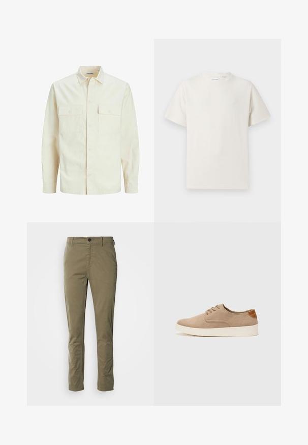 Gai bēšs garām piedurknēm krekls ar apkakles izgriezumu, divām priekšējām kabatām, pogu aizdari un teksturētu audumu.; Balta krūštura īsām piedurknēm ar ribota auduma faktūru. Apaļš kakla izgriezums, brīvs griezums, bez redzamām rakstām vai akcentiem. Vienkāršs un daudzpusīgs dizains.; Olīvu zaļi chinos no kokvilnas ar gludu tekstūru. Ietver pogu aizdari, sānu kabatas un šauru piegriezumu.; Beige zamšādas kedas ar noapaļotu purngala daļu, auklēm saplacinātu priekšpusi un teksturētu aizmugures akcentu. Balta gumijas zole nodrošina kontrastu. Vienkāršs un mūsdienīgs dizains.