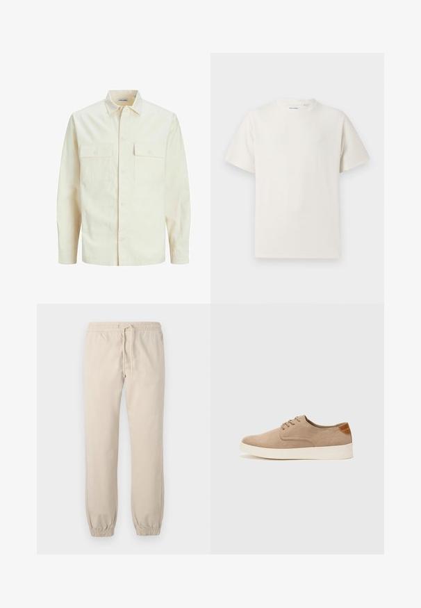 Lys beige langærmet skjorte med krave, to forlommer, knaplukning og et tekstureret stof.; Hvid kortærmet T-shirt i ribbet tekstur. Rund halsudskæring, løs pasform, ingen synlige mønstre eller accenter. Enkel og alsidig design.; Beige, lette joggerbukser med elastisk talje og snøre. Taperede manchetter ved anklen, glat tekstur, minimalistisk design.; Beige ruskinds sneakers med rund tå, snørebånd foran og en struktureret rygdetalje. Hvid gummisål giver kontrast. Enkel og moderne design.