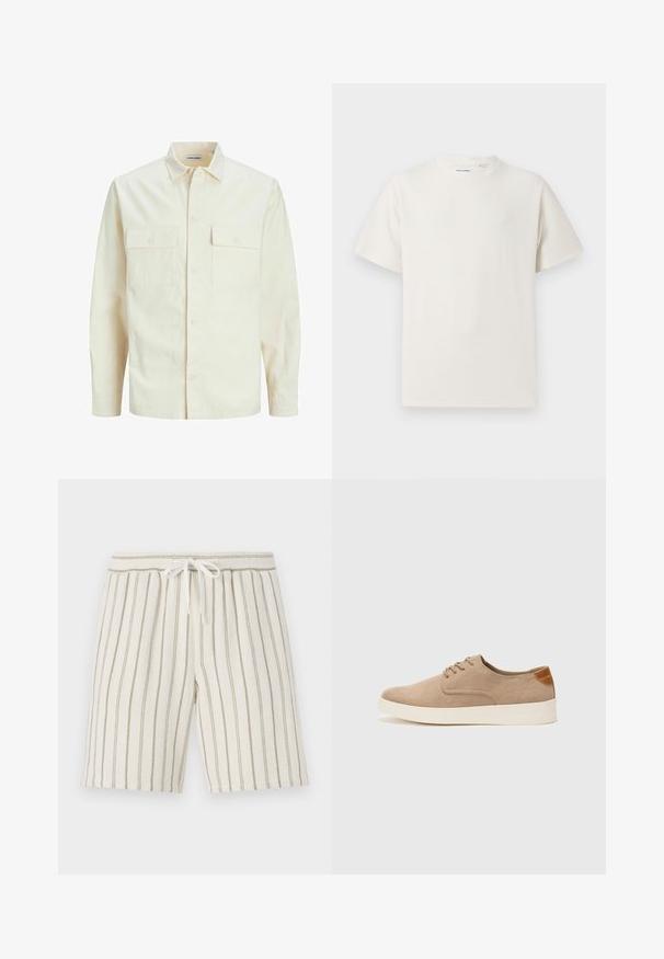 Lys beige langærmet skjorte med krave, to forlommer, knaplukning og et tekstureret stof.; Hvid kortærmet T-shirt i ribbet tekstur. Rund halsudskæring, løs pasform, ingen synlige mønstre eller accenter. Enkel og alsidig design.; Lys beige shorts med lodrette olivengrønne striber, lavet af tekstureret stof. Har en elastisk talje med snøre.; Beige ruskinds sneakers med rund tå, snørebånd foran og en struktureret rygdetalje. Hvid gummisål giver kontrast. Enkel og moderne design.