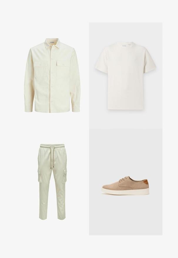 Kergedbež pika-särk pikkade varrukatega, krae ja kahe eespool asuva taskuga, nööpidega kinnitamine ja reljeefne materjal.; Valge lühikeste varrukatega T-särk ribakudumises. Ümar kaelus, mugav lõige, nähtavad mustrid ega aksessuaarid puuduvad. Lihtne ja mitmekesine disain.; Heledad beežid cargo püksid elastse vöökoha ja reguleeritava paelaga, millel on kaks külgtaskut ja lõdva lõikega.; Beežid nahast tossud ümarate varvastega, paeltega esiosa ja tekstuuriga tagakontuuriga. Valge kummist tallapakkumine loob kontrasti. Lihtne ja kaasaegne disain.