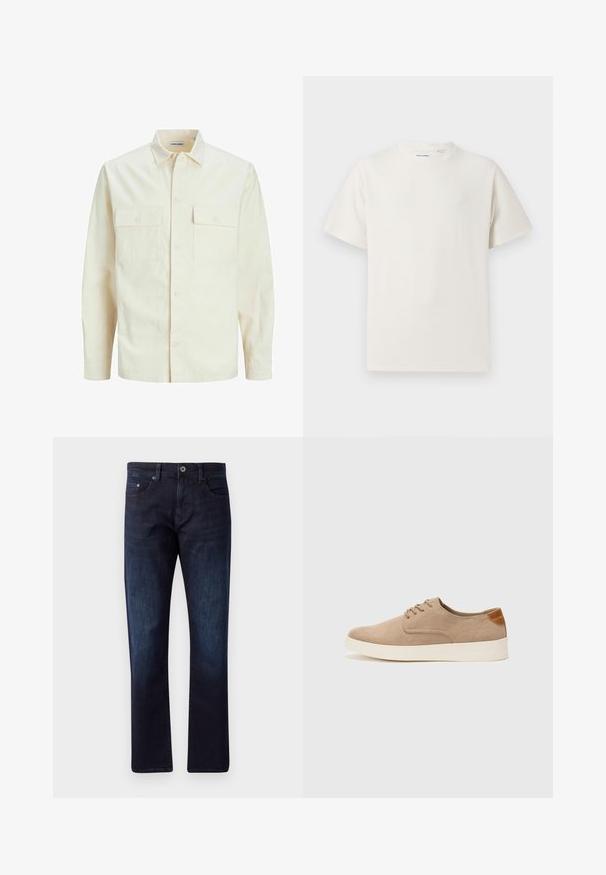 Kergedbež pika-särk pikkade varrukatega, krae ja kahe eespool asuva taskuga, nööpidega kinnitamine ja reljeefne materjal.; Valge lühikeste varrukatega T-särk ribakudumises. Ümar kaelus, mugav lõige, nähtavad mustrid ega aksessuaarid puuduvad. Lihtne ja mitmekesine disain.; Tumedast sinisest denimist sirge lõikega teksad, millel on kaks esi-taskut, üks münditasku ja nööpklamber. Veidi kulunud tekstuur.; Beežid nahast tossud ümarate varvastega, paeltega esiosa ja tekstuuriga tagakontuuriga. Valge kummist tallapakkumine loob kontrasti. Lihtne ja kaasaegne disain.