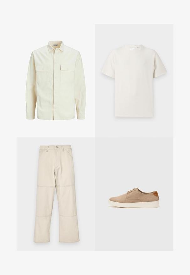 Lichtbeige langemouwen shirt met een kraaghalslijn, twee voorzakken, knoopsluiting en een gestructureerde stof.; Witte korte mouwen T-shirt met ribbelstructuur. Ronde hals, ontspannen pasvorm, geen zichtbare patronen of accenten. Eenvoudig en veelzijdig ontwerp.; Beige wijde jeans gemaakt van katoen met een gladde textuur, voorzien van driedubbele stiksels op de naden en vijf zakken, waaronder een muntzakje.; Beige suède sneakers met een ronde neus, vetersluiting aan de voorkant en een getextureerde achteraccent. De witte rubberen zool zorgt voor contrast. Eenvoudig en modern ontwerp.