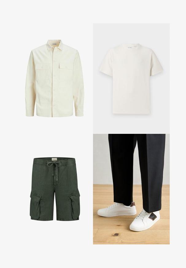 Chemise longue à manches longues beige clair avec un col, deux poches frontales, fermeture à boutons et un tissu texturé.; T-shirt blanc à manches courtes en texture côtelée. Encolure ronde, coupe décontractée, sans motifs ni accents visibles. Design simple et polyvalent.; Shorts cargo en lin vert foncé avec une taille élastique, fermeture à cordon de serrage et deux poches latérales avec détails à rabat.; Des sneakers blanches au texture lisse, avec des accents en cuir marron et des détails noirs, assorties à un pantalon noir ajusté. Fond en parquet.