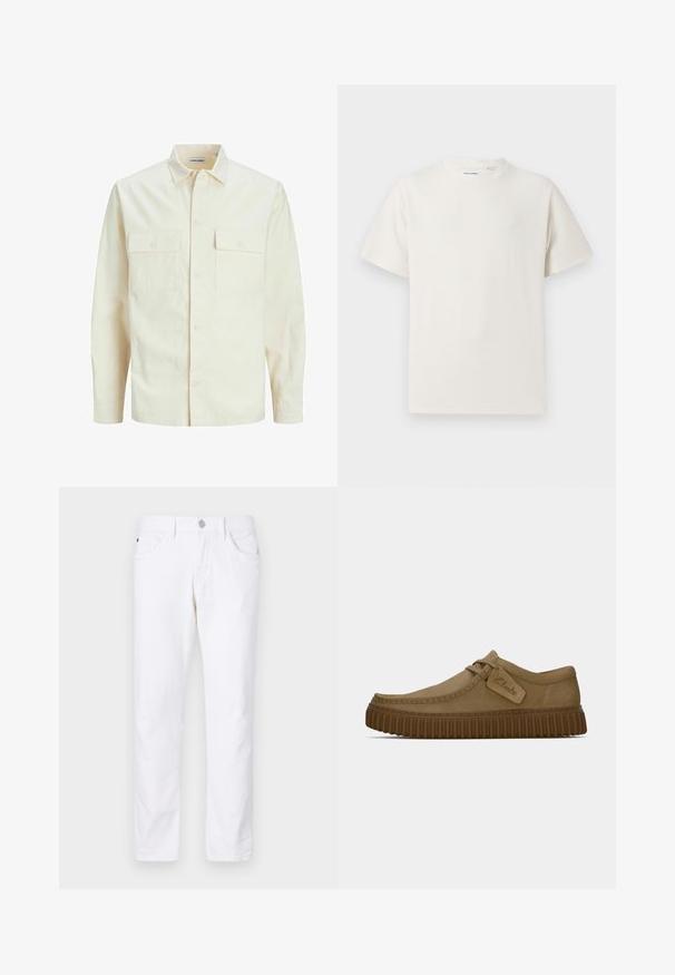 Gai bēšs garām piedurknēm krekls ar apkakles izgriezumu, divām priekšējām kabatām, pogu aizdari un teksturētu audumu.; Balta krūštura īsām piedurknēm ar ribota auduma faktūru. Apaļš kakla izgriezums, brīvs griezums, bez redzamām rakstām vai akcentiem. Vienkāršs un daudzpusīgs dizains.; Baltas kokvilnas bikses ar taisnu kāju dizainu, ar pogu aizdari, piecām kabatām un smalkām šuvju detaļām.; Gai brūni zamša apavi ar noapaļotu purngalu, šuvju detaļām un ribotu brūnu gumijas zoli. Satur sānu uzlīmi ar "Clarks" logotipu.