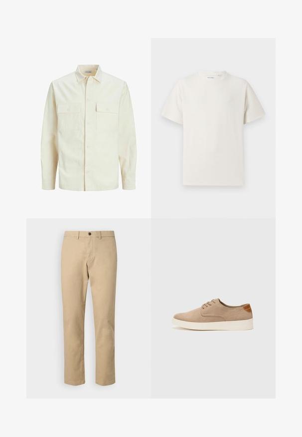 Gai bēšs garām piedurknēm krekls ar apkakles izgriezumu, divām priekšējām kabatām, pogu aizdari un teksturētu audumu.; Balta krūštura īsām piedurknēm ar ribota auduma faktūru. Apaļš kakla izgriezums, brīvs griezums, bez redzamām rakstām vai akcentiem. Vienkāršs un daudzpusīgs dizains.; GAP SLIM PERFORMANCE STRETCH - Chinos tipa bikses - khaki; Beige zamšādas kedas ar noapaļotu purngala daļu, auklēm saplacinātu priekšpusi un teksturētu aizmugures akcentu. Balta gumijas zole nodrošina kontrastu. Vienkāršs un mūsdienīgs dizains.