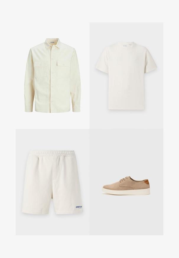Vaaleanbeige pitkähihaisen paidan, jossa on kaulukset, kaksi etutaskua, nappikiinnitys ja tekstiilissä on tekstuuria.; Valkoinen lyhythihainen T-paita ribbikuviossa. Pyöreä kaula-aukko, rento istuvuus, ei näkyviä kuvioita tai yksityiskohtia. Yksinkertainen ja monikäyttöinen muotoilu.; Kermanväriset shortsit, jotka on valmistettu pehmeästä puuvillasekoitteesta, joissa on joustava vyötärö ja sininen logo vasemmassa alakulmassa.; Beige nubuck-lenkkarit, joissa on pyöreä kärki, nauhakiinnitys ja teksturoitu takaosa. Valkoinen kumipohja tuo kontrastia. Yksinkertainen ja moderni muotoilu.