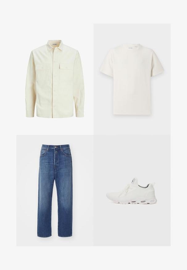 Světle béžová košile s dlouhým rukávem, límečkem, dvěma předními kapsami, zapínáním na knoflíky a strukturovanou tkaninou.; Bílý krátký rukáv tričko s pružnou strukturou. Kulatý výstřih, volný střih, bez viditelných vzorů nebo detailů. Jednoduchý a univerzální design.; Tmavě modré džíny s rovnými nohavicemi, s předním zapínáním na knoflík, pěti kapsami a s jemným blednutím na látce.; Bílé sportovní boty s texturovaným pleteným svrškem, plochými tkaničkami a polstrovanou podešví s viditelnými vzduchovými komorami pro zvýšenou podporu.