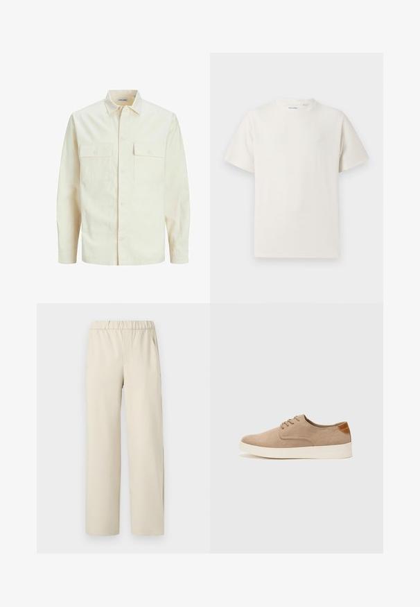 Hellbeige Langarmhemd mit klassischem Kragen, zwei Fronttaschen, Knopfverschluss und strukturiertem Stoff.; Weißes T-Shirt mit kurzen Ärmeln in gerippter Textur. Runder Ausschnitt, lockere Passform, keine sichtbaren Muster oder Akzente. Einfaches und vielseitiges Design.; Beige weite Hose mit elastischem Bündchen, aus weichem Stoff gefertigt. Sie hat eine glatte Textur und keine sichtbaren Muster oder Beschläge.; Beige Wildleder-Sneaker mit runder Zehenpartie, Schnürung und strukturiertem Rückenteil. Die weiße Gummisohle sorgt für einen Kontrast. Einfaches und modernes Design.