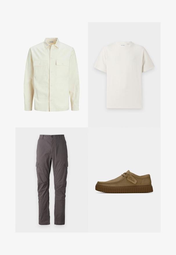 Svetlo béžová košeľa s dlhým rukávom, s golierom, dvoma prednými vreckami, zapínaním na gombíky a textúrovanou látkou.; Biela krátka tričko s krátkym rukávom so žebrovanou textúrou. Okrúhly výstrih, uvoľnený strih, žiadne viditeľné vzory ani akcenty. Jednoduchý a všestranný dizajn.; Sivé cargo nohavice so štíhlym strihom, ktoré majú množstvo bočných vreciek a zosilnené švy pozdĺž nohavíc. Vyrobené z odolného materiálu.; Svetlohnedé semišové topánky s okrúhlym špičkou, prešitou detailnou úpravou a ribbovanou hnedou gumovou podrážkou. Obsahujú bočný štítok s logom "Clarks".