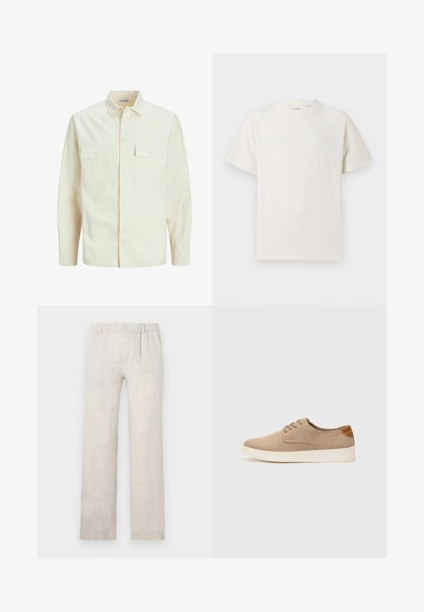 Hellbeige Langarmhemd mit klassischem Kragen, zwei Fronttaschen, Knopfverschluss und strukturiertem Stoff.; Weißes T-Shirt mit kurzen Ärmeln in gerippter Textur. Runder Ausschnitt, lockere Passform, keine sichtbaren Muster oder Akzente. Einfaches und vielseitiges Design.; Helle beige Leinenhosen mit geradem Bein, elastischem Bund und Knopfverschluss. Minimale Textur mit dezenten Nähten.; Beige Wildleder-Sneaker mit runder Zehenpartie, Schnürung und strukturiertem Rückenteil. Die weiße Gummisohle sorgt für einen Kontrast. Einfaches und modernes Design.