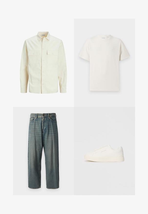 Gai bēšs garām piedurknēm krekls ar apkakles izgriezumu, divām priekšējām kabatām, pogu aizdari un teksturētu audumu.; Balta krūštura īsām piedurknēm ar ribota auduma faktūru. Apaļš kakla izgriezums, brīvs griezums, bez redzamām rakstām vai akcentiem. Vienkāršs un daudzpusīgs dizains.; Gaiši zili džinsi ar brīvu piegriezumu, vidējo jostas augstumu un taisnām kājām. Satur piecas kabatas, jostas cilpas un pogu aizdari.; Baltas slip-on sporta apavi ar teksturētu virsmu, biezu zoli un minimālistisku dizainu. Sānos redzams zīmola logotips.