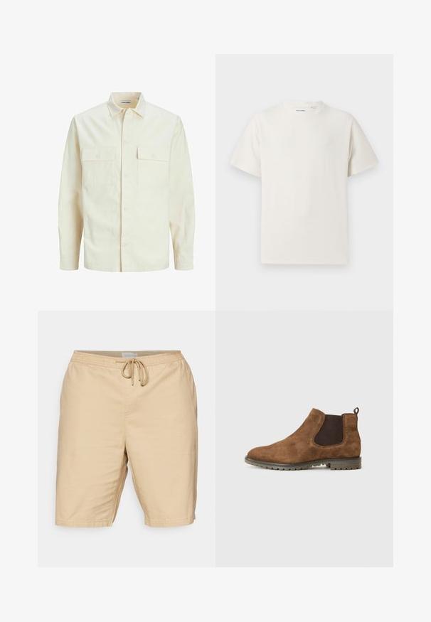Svijetlo bež košulja dugih rukava s ovratnikom, dva prednja džepa, zatvaranje na dugmad i teksturirani materijal.; Bijela kratka majica s kratkim rukavima u rebrastoj teksturi. Okrugli izrez, ležeran kroj, bez vidljivih uzoraka ili akcenta. Jednostavan i svestran dizajn.; Svijetlosmeđi šorts od tkanine s glatkom teksturom, s elastičnom trakom u struku i šniranjem, te bočnim džepovima.; Smeđi antilop Chelsea čizme s elastičnim bočnim panelima, drškom i teksturiranim gumenskim đonom s utorima za prianjanje.