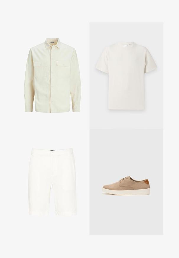 Šviesiai smėlio spalvos ilgomis rankovėmis marškiniai su apykakle, dviem priekinėmis kišenėmis, mygtukų uždarymu ir tekstūruota medžiaga.; Balta trumpa rankovė T-polo marškinėlių su juostelėmis tekstūra. Apvalus iškirpimas, laisvas fasonas, jokių matomų raštų ar akcentų. Paprastas ir universalus dizainas.; Balti medvilniniai šortai su klasikiniu dizainu, turintys mygtuko užsegimą, diržo kilpos ir tiesias kojas iki vidurinės šlaunies.; Bežiniai zomšiniai sportbačiai su apvaliomis pirštų dalimis, raišteliais priekyje ir tekstūruotu užkulniu. Balta guma suteikia kontrastą. Paprastas ir modernus dizainas.