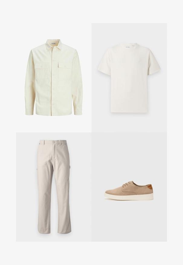 Kergedbež pika-särk pikkade varrukatega, krae ja kahe eespool asuva taskuga, nööpidega kinnitamine ja reljeefne materjal.; Valge lühikeste varrukatega T-särk ribakudumises. Ümar kaelus, mugav lõige, nähtavad mustrid ega aksessuaarid puuduvad. Lihtne ja mitmekesine disain.; Beez värvi cargo püksid, mis on valmistatud vastupidavast puuvillast, sirgete jalgadega, ees nuppe sulgemisega ja külgtaskutega utiliidi jaoks. Sile tekstuur koos peente õmblustega.; Beežid nahast tossud ümarate varvastega, paeltega esiosa ja tekstuuriga tagakontuuriga. Valge kummist tallapakkumine loob kontrasti. Lihtne ja kaasaegne disain.