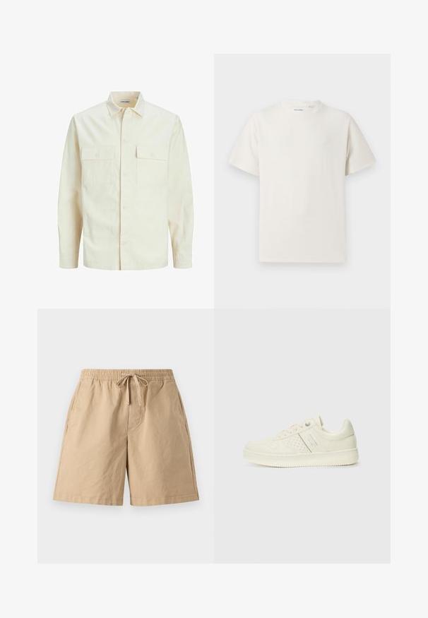 Šviesiai smėlio spalvos ilgomis rankovėmis marškiniai su apykakle, dviem priekinėmis kišenėmis, mygtukų uždarymu ir tekstūruota medžiaga.; Balta trumpa rankovė T-polo marškinėlių su juostelėmis tekstūra. Apvalus iškirpimas, laisvas fasonas, jokių matomų raštų ar akcentų. Paprastas ir universalus dizainas.; Bežinės medvilnės šortai su elastine juosta ir reguliuojamu raišteliu, su šoninėmis kišenėmis ir laisvu pritaikymu. Lygus paviršius, iki kelių ilgio.; Kremo spalvos sportbačiai su perforuotomis detalėmis, raišteliais ir logotipu šone, išdėstyti prieš paprastą baltą foną.