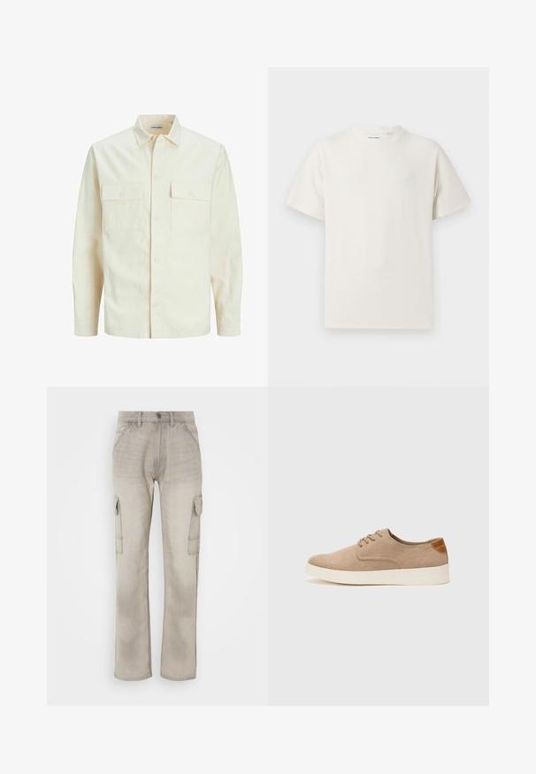 Kergedbež pika-särk pikkade varrukatega, krae ja kahe eespool asuva taskuga, nööpidega kinnitamine ja reljeefne materjal.; Valge lühikeste varrukatega T-särk ribakudumises. Ümar kaelus, mugav lõige, nähtavad mustrid ega aksessuaarid puuduvad. Lihtne ja mitmekesine disain.; Beezididest k Cargo püksid, mis on valmistatud denimist, sisaldavad kahte külgedel oleva taskut, sirget jala disaini ja nähtavat õmblust. Tekstuuriga viimistlus koos pleekinud välimusega.; Beežid nahast tossud ümarate varvastega, paeltega esiosa ja tekstuuriga tagakontuuriga. Valge kummist tallapakkumine loob kontrasti. Lihtne ja kaasaegne disain.