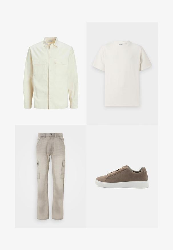 Svijetlo bež košulja dugih rukava s ovratnikom, dva prednja džepa, zatvaranje na dugmad i teksturirani materijal.; Bijela kratka majica s kratkim rukavima u rebrastoj teksturi. Okrugli izrez, ležeran kroj, bez vidljivih uzoraka ili akcenta. Jednostavan i svestran dizajn.; Bež kargo hlače od denima, s dva bočna džepa, ravnog kroja i vidljivim šavovima. Tekstura s izbledelim izgledom.; Smeđe ante cipele s ravnim bijelim gumennim potplatima, dizajnom s vezicama, zaobljenim vrhom i glatkom teksturom. Minimalistički stil s suptilnim detaljima šivanja.