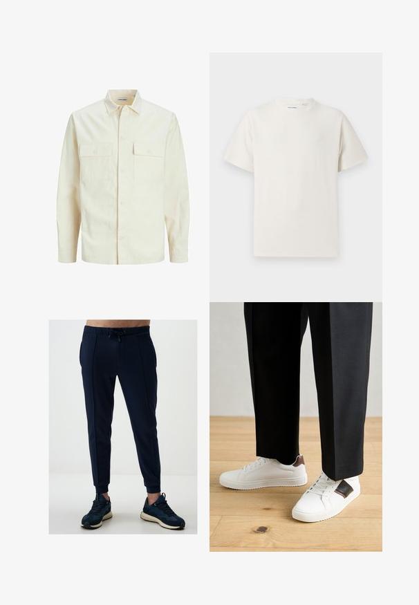 Lichtbeige langemouwen shirt met een kraaghalslijn, twee voorzakken, knoopsluiting en een gestructureerde stof.; Witte korte mouwen T-shirt met ribbelstructuur. Ronde hals, ontspannen pasvorm, geen zichtbare patronen of accenten. Eenvoudig en veelzijdig ontwerp.; Marine joggingbroek gemaakt van zacht materiaal, met een elastische tailleband met trekkoord, zijzakken en taps toelopende boorden. Draagt met sportschoenen.; Witte sneakers met een gladde textuur, voorzien van bruine lederen accenten en zwarte details, gecombineerd met zwarte maatpakken. Achtergrond van houten vloeren.