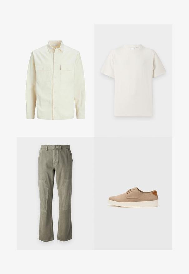 Ljusbeige långärmad skjorta med krage, två framfickor, knäppning och en texturerad tyg.; Vit t-shirt med kort ärm i ribbad struktur. Rund halsringning, löst sittande passform, inga synliga mönster eller detaljer. Enkelt och mångsidigt design.; Olivgrön byxor i bomull med rak bendesign, med ribbade detaljer på fickor och kontrasterande sömmar.; Beige mockasinsneakers med rund tå, snörning fram och texturerad bakaxel. Vit gummisula ger kontrast. Enkelt och modernt design.