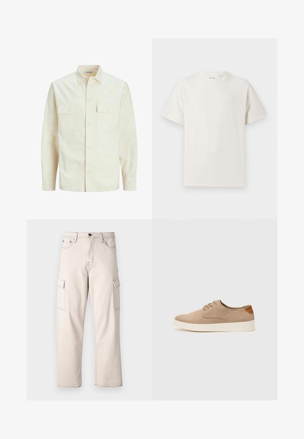 Svetlo bež srajca z dolgimi rokavi, ovratnim izrezom, dvema sprednjima žepoma, zapenjanjem na gumbe in teksturirano tkanino.; Bela majica s kratkimi rokavi iz rebraste tkanine. Okrogli izrez, sproščen kroj, brez vidnih vzorcev ali naglasov. Preprosta in vsestranska zasnova.; Bež hlače cargo, izdelane iz bombaža, z dvema stranskima žepoma, ravnim krojem in kontrastnimi šivi.; Bež tkanine usnjene superge z zaobljenim nosom, vezalkami na sprednji strani in teksturiranim zadnjim detajlom. Belo gumijasto podplato zagotavlja kontrast. Enostaven in sodoben dizajn.