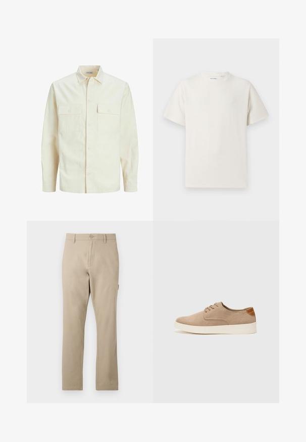 Hellbeige Langarmhemd mit klassischem Kragen, zwei Fronttaschen, Knopfverschluss und strukturiertem Stoff.; Weißes T-Shirt mit kurzen Ärmeln in gerippter Textur. Runder Ausschnitt, lockere Passform, keine sichtbaren Muster oder Akzente. Einfaches und vielseitiges Design.; Beige Baumwollhose mit geradem Bein, ausgestattet mit einem vorderen Knopfverschluss und subtilen Nähdetails. Glatte Textur, keine Muster.; Beige Wildleder-Sneaker mit runder Zehenpartie, Schnürung und strukturiertem Rückenteil. Die weiße Gummisohle sorgt für einen Kontrast. Einfaches und modernes Design.