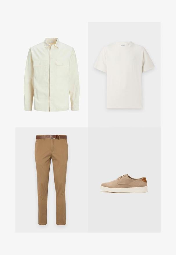 Svijetlo bež košulja dugih rukava s ovratnikom, dva prednja džepa, zatvaranje na dugmad i teksturirani materijal.; Bijela kratka majica s kratkim rukavima u rebrastoj teksturi. Okrugli izrez, ležeran kroj, bez vidljivih uzoraka ili akcenta. Jednostavan i svestran dizajn.; Svijetlosmeđi chinos hlače s teksturiranim završetkom, opremljene kosim bočnim džepovima, kopčom na gumbe i zatvarač, te smešnim kožnim remenom.; Bež nubuk tenisice s okruglim vrhom, vezanjem sprijeda i teksturiranim stražnjim naglaskom. Bijela gumena potpetica pruža kontrast. Jednostavan i moderan dizajn.