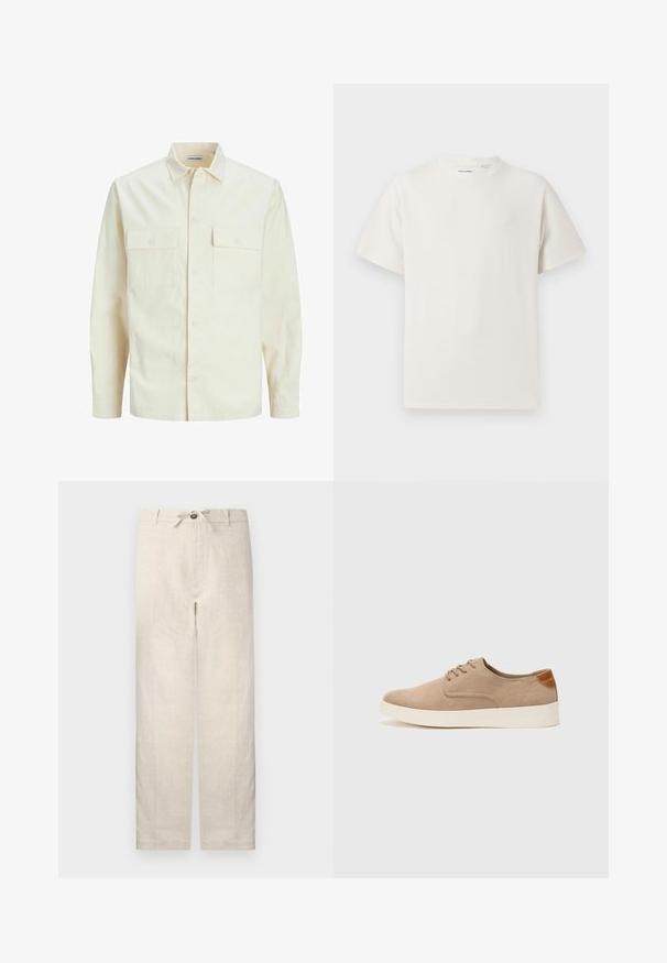 Šviesiai smėlio spalvos ilgomis rankovėmis marškiniai su apykakle, dviem priekinėmis kišenėmis, mygtukų uždarymu ir tekstūruota medžiaga.; Balta trumpa rankovė T-polo marškinėlių su juostelėmis tekstūra. Apvalus iškirpimas, laisvas fasonas, jokių matomų raštų ar akcentų. Paprastas ir universalus dizainas.; Šviesiai smėliniai lenzo kelnių su raišteliu liemeniui, mygtukų uždarymu ir plačiomis tiesiomis kojomis, su subtilia tekstūra visame paviršiuje.; Bežiniai zomšiniai sportbačiai su apvaliomis pirštų dalimis, raišteliais priekyje ir tekstūruotu užkulniu. Balta guma suteikia kontrastą. Paprastas ir modernus dizainas.