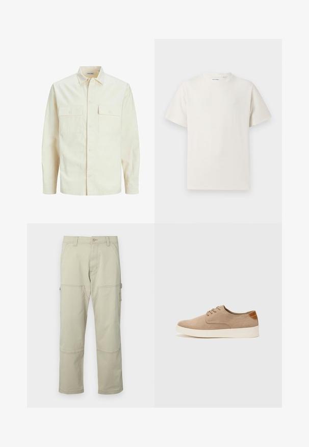 Kergedbež pika-särk pikkade varrukatega, krae ja kahe eespool asuva taskuga, nööpidega kinnitamine ja reljeefne materjal.; Valge lühikeste varrukatega T-särk ribakudumises. Ümar kaelus, mugav lõige, nähtavad mustrid ega aksessuaarid puuduvad. Lihtne ja mitmekesine disain.; Kreemjad cargo-püksid, mis on valmistatud puuvillast, mitmete taskute, tugevdatud põlvede ja sirgete jalgadega. Omab nööbi sulgemist ja vöökohabandit.; Beežid nahast tossud ümarate varvastega, paeltega esiosa ja tekstuuriga tagakontuuriga. Valge kummist tallapakkumine loob kontrasti. Lihtne ja kaasaegne disain.