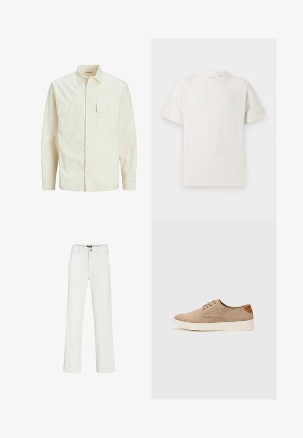 Jasno beżowa koszula z długim rękawem, z kołnierzykiem, dwoma kieszeniami z przodu, zapięciem na guziki i teksturowanym materiałem.; Biała krótka koszulka z krótkim rękawem o żebrowanej fakturze. Okrągły dekolt, luźny krój, brak widocznych wzorów lub akcentów. Prosty i uniwersalny design.; Białe spodnie z szerokimi nogawkami wykonane z mieszanki bawełny, z zapięciem na guzik z przodu, paskami i dwoma bocznymi kieszeniami.; Beżowe zamszowe sneakersy z okrągłym noskiem, sznurowanym przodem i teksturowanym akcentem na tyle. Biała gumowa podeszwa tworzy kontrast. Prosty i nowoczesny design.