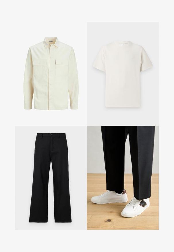 Light beige long-sleeve shirt with a collared neckline, two front pockets, button closure, and a textured fabric.; White short-sleeve T-shirt in a ribbed texture. Round neckline, relaxed fit, no visible patterns or accents. Simple and versatile design.; Black straight-leg pants made from cotton, featuring a button closure and belt loops. Smooth texture with no visible patterns or accents.; White sneakers with smooth texture, featuring brown leather accents and black detailing, paired with black tailored pants. Wooden floor background.